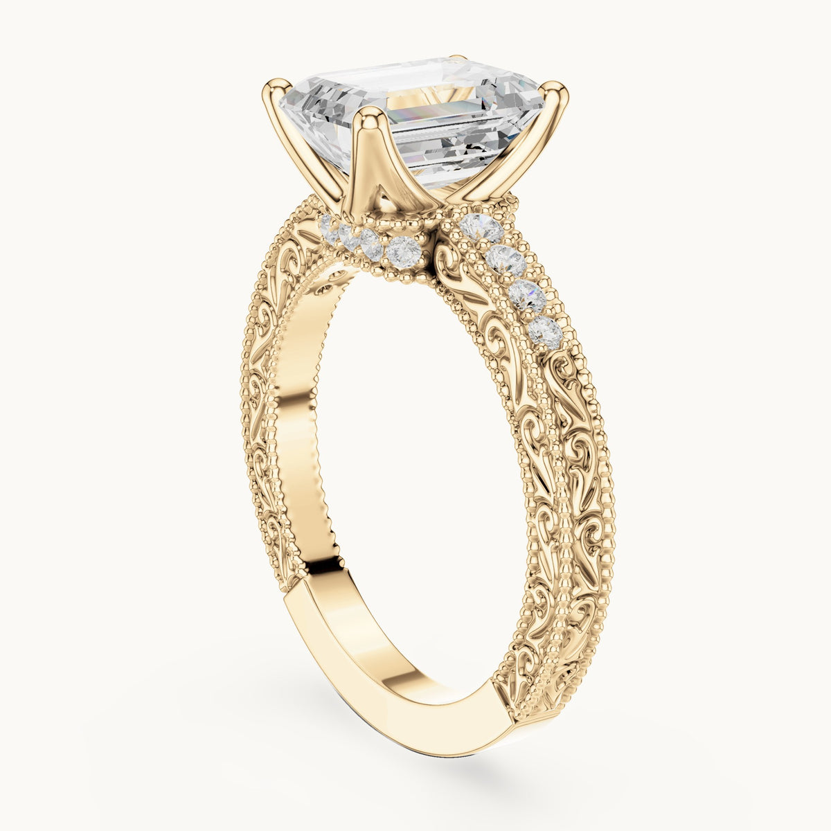 Emerald-cut lab-grown diamond vintage engraved pavé engagement ring in yellow gold, 2.21 CT TW, view 1