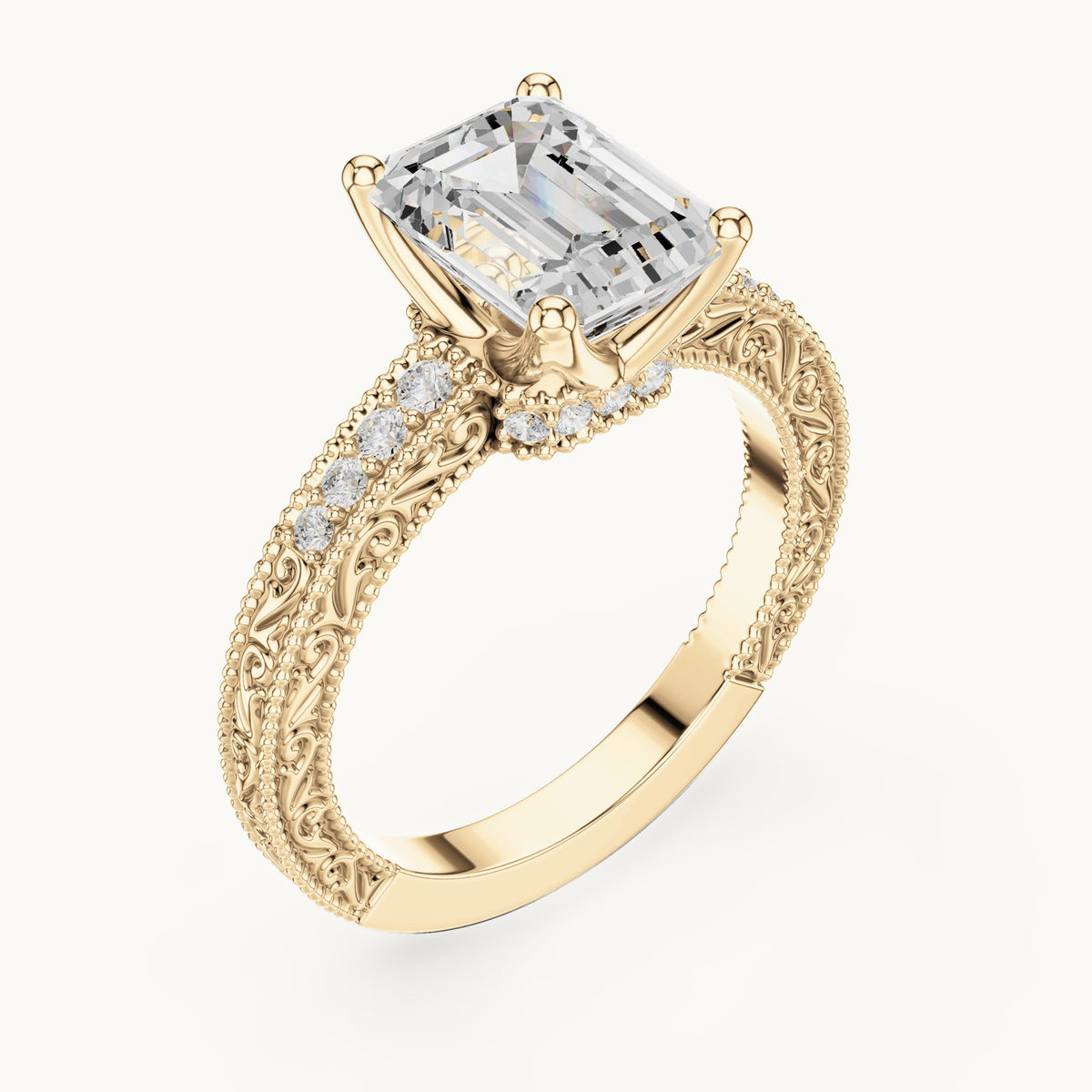 Emerald-cut lab-grown diamond vintage engraved pavé engagement ring in yellow gold, 2.21 CT TW, view 2