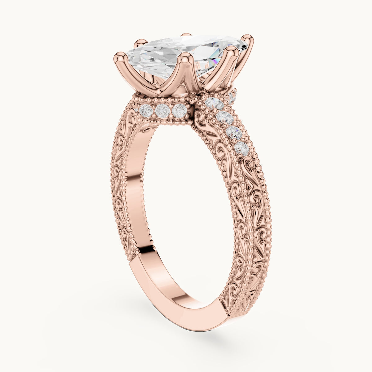 Marquise lab-grown diamond vintage engraved pavé engagement ring in rose gold, 2.22 CT TW, view 1