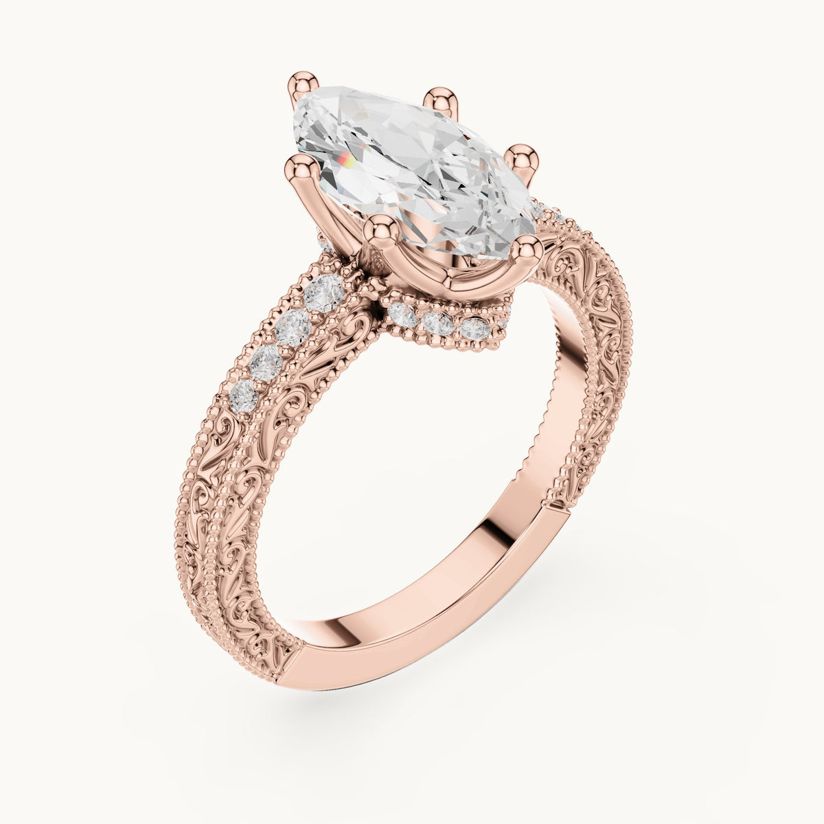 Marquise lab-grown diamond vintage engraved pavé engagement ring in rose gold, 2.22 CT TW, view 2