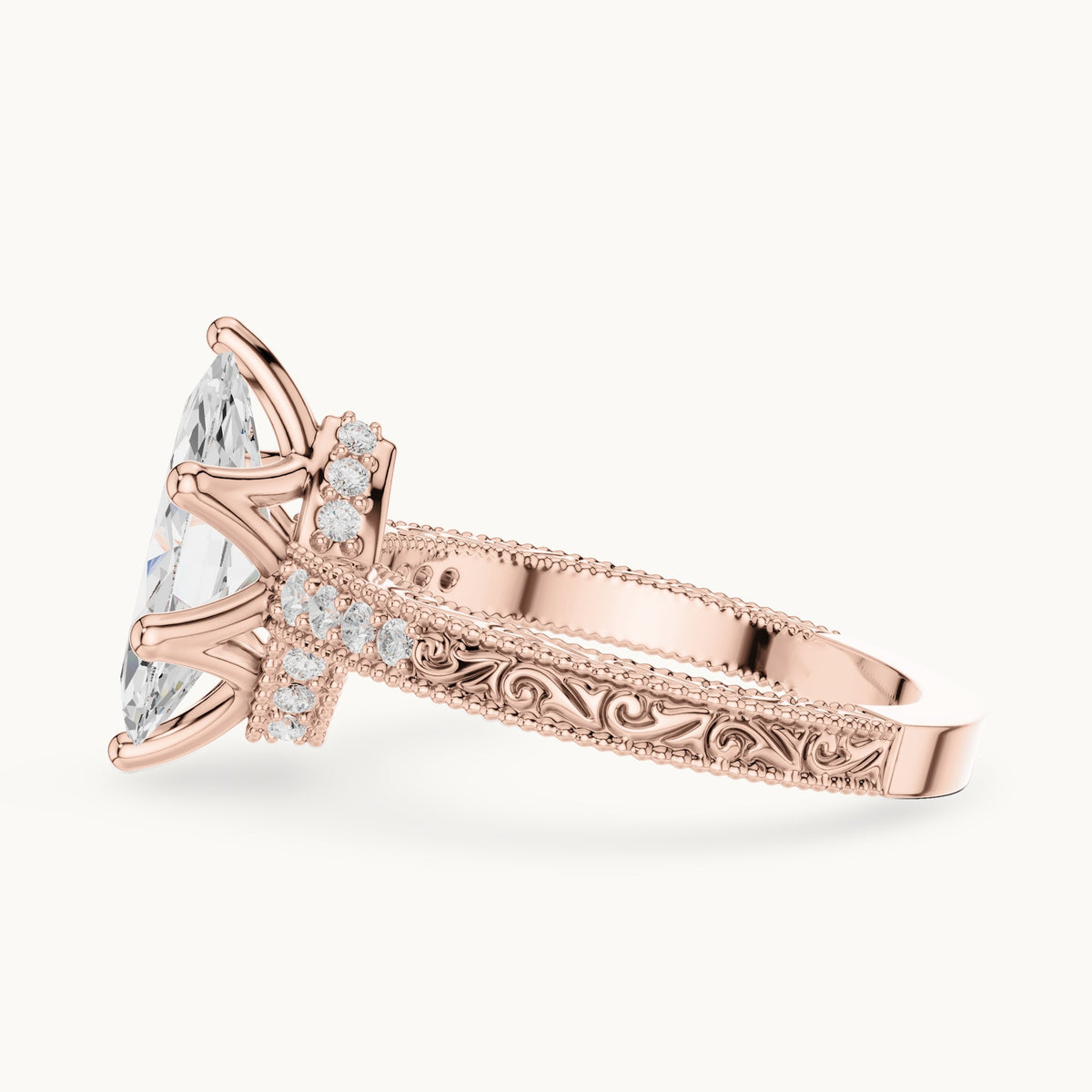 Marquise lab-grown diamond vintage engraved pavé engagement ring in rose gold, 2.22 CT TW, view 3
