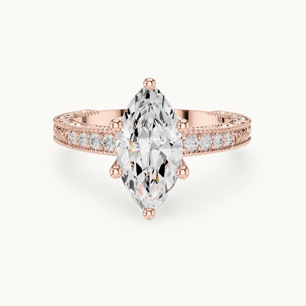 Marquise lab-grown diamond vintage engraved pavé engagement ring in rose gold, 2.22 CT TW, view 4
