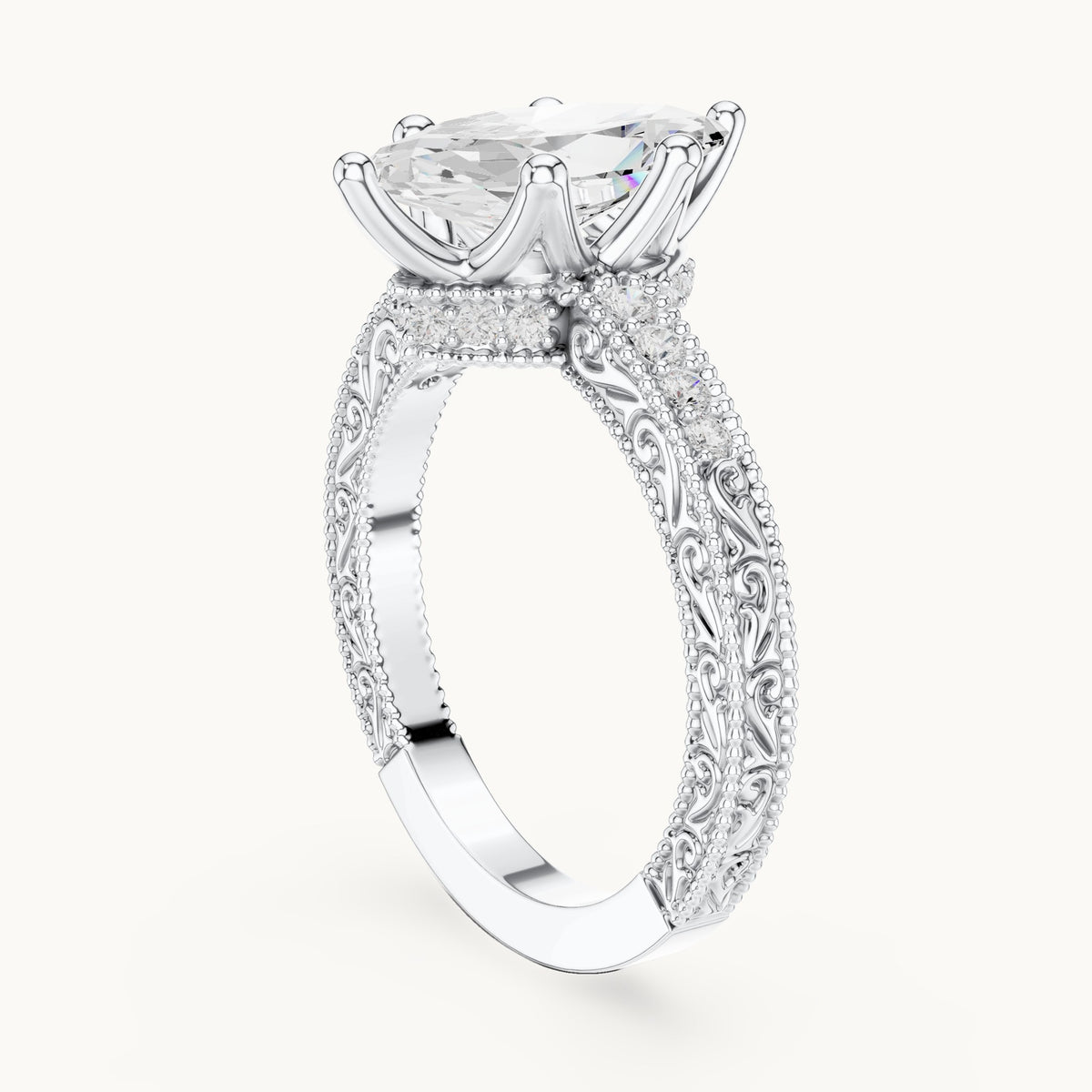 Marquise lab-grown diamond vintage engraved pavé engagement ring in white gold, 2.22 CT TW, view 1