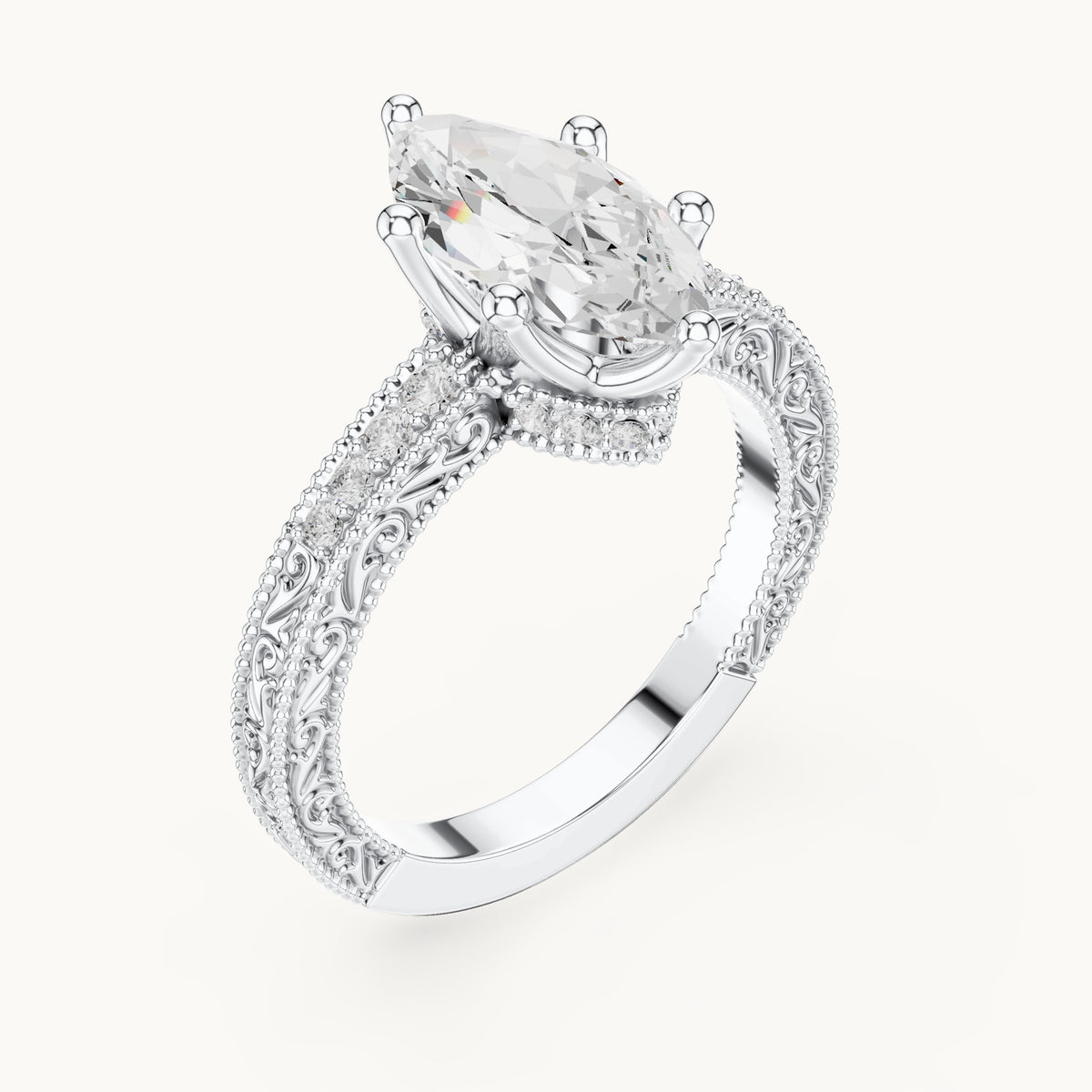 Marquise lab-grown diamond vintage engraved pavé engagement ring in white gold, 2.22 CT TW, view 2