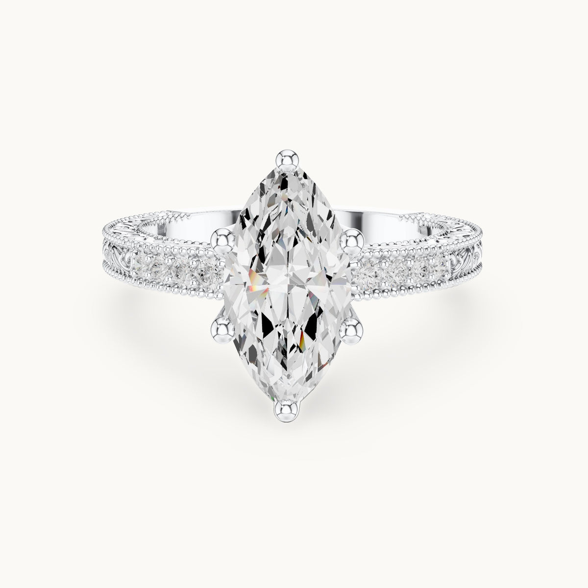 Marquise lab-grown diamond vintage engraved pavé engagement ring in white gold, 2.22 CT TW, view 4