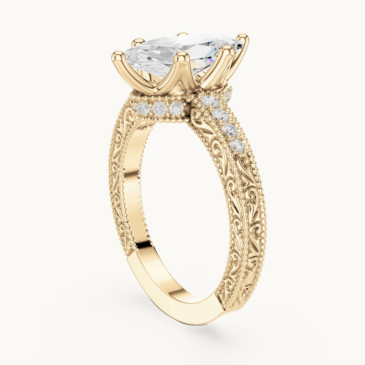 Marquise lab-grown diamond vintage engraved pavé engagement ring in yellow gold, 2.22 CT TW, view 1