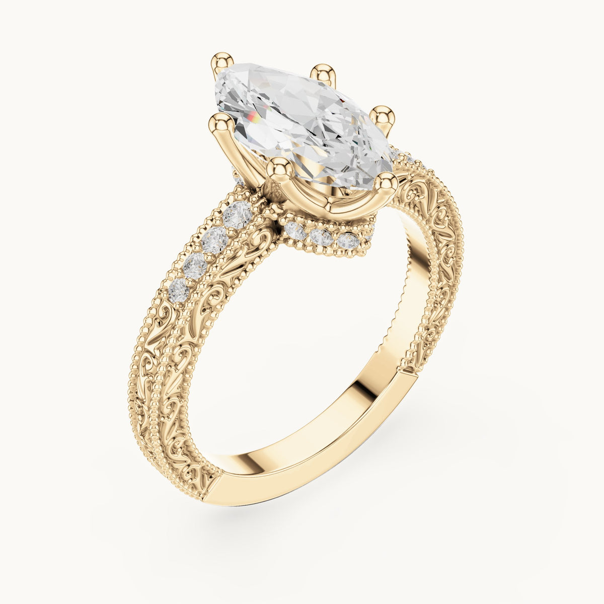 Marquise lab-grown diamond vintage engraved pavé engagement ring in yellow gold, 2.22 CT TW, view 2