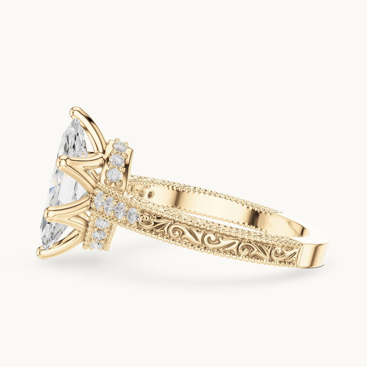 Marquise lab-grown diamond vintage engraved pavé engagement ring in yellow gold, 2.22 CT TW, view 3