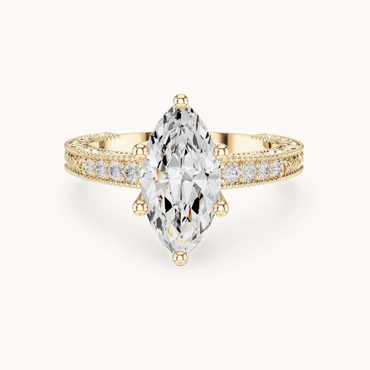 Marquise lab-grown diamond vintage engraved pavé engagement ring in yellow gold, 2.22 CT TW, view 4