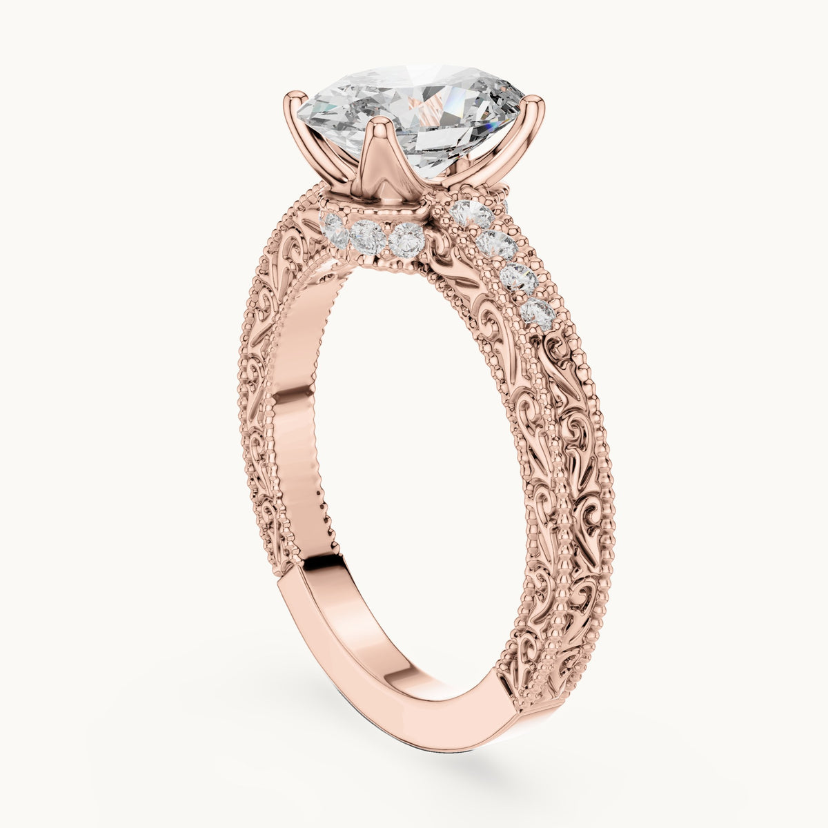 Oval lab-grown diamond vintage engraved pavé engagement ring in rose gold, 2.21 CT TW, view 1