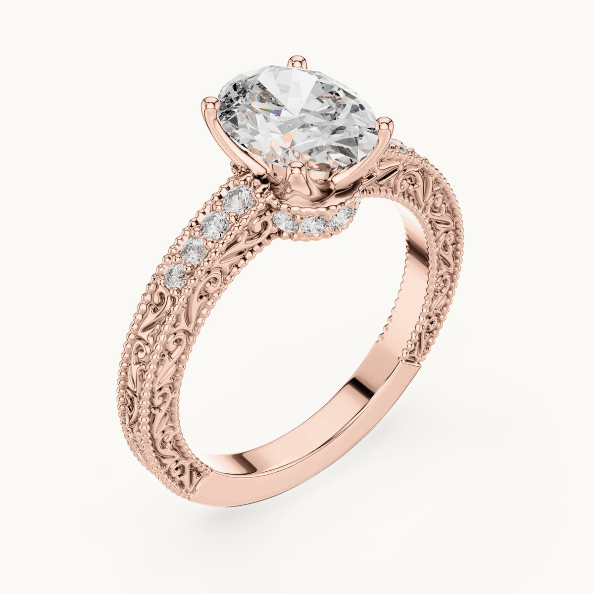 Oval lab-grown diamond vintage engraved pavé engagement ring in rose gold, 2.21 CT TW, view 2