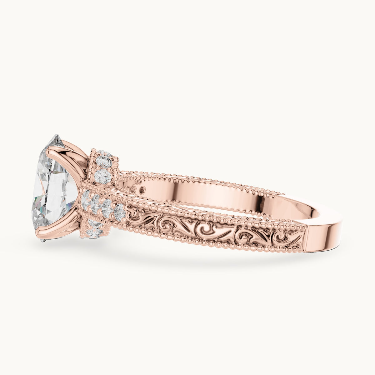 Oval lab-grown diamond vintage engraved pavé engagement ring in rose gold, 2.21 CT TW, view 3