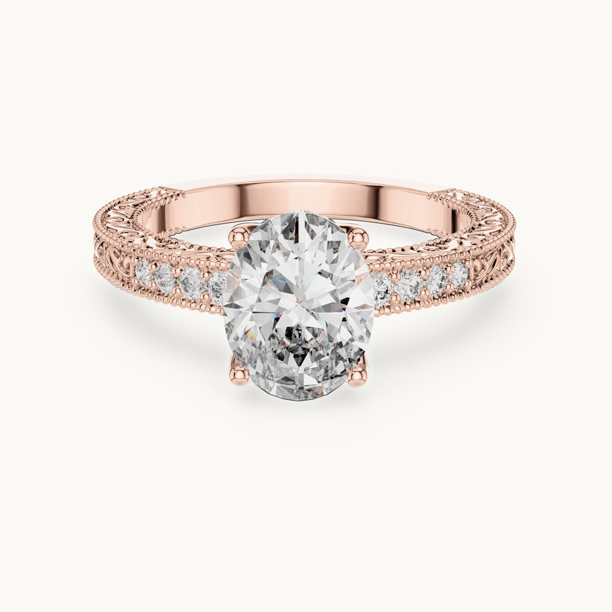 Oval lab-grown diamond vintage engraved pavé engagement ring in rose gold, 2.21 CT TW, view 4