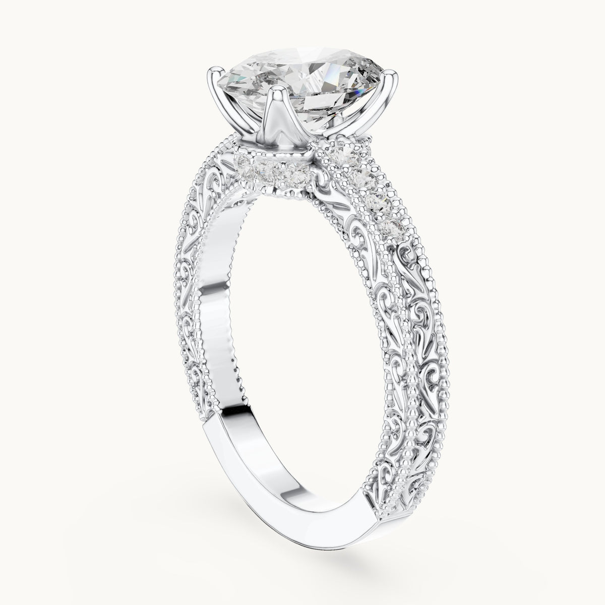 Oval lab-grown diamond vintage engraved pavé engagement ring in white gold, 2.21 CT TW, view 1