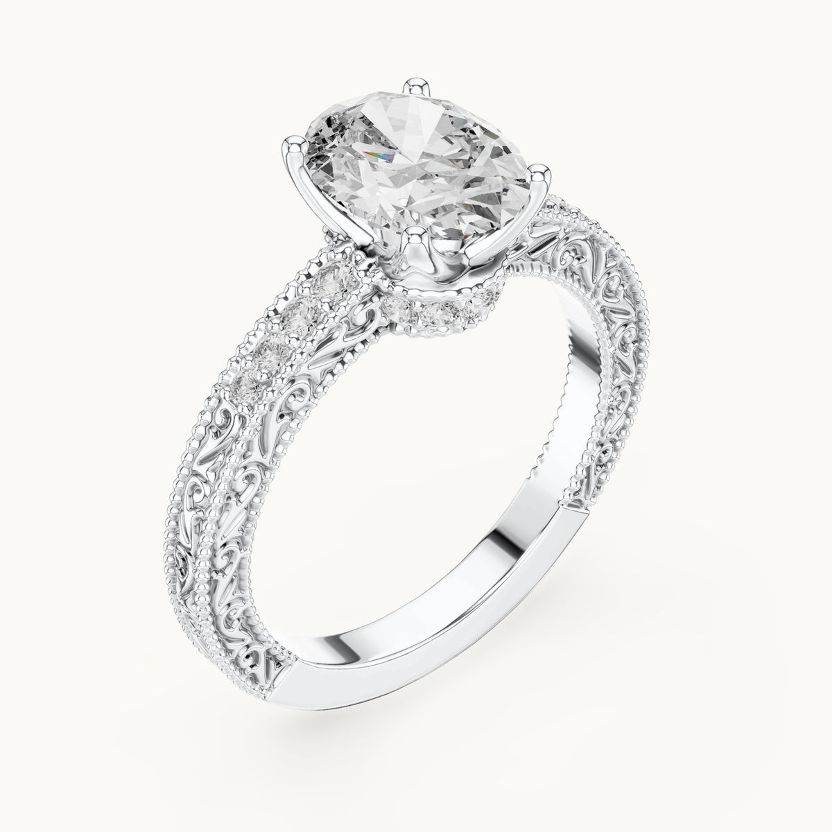 Oval lab-grown diamond vintage engraved pavé engagement ring in white gold, 2.21 CT TW, view 2