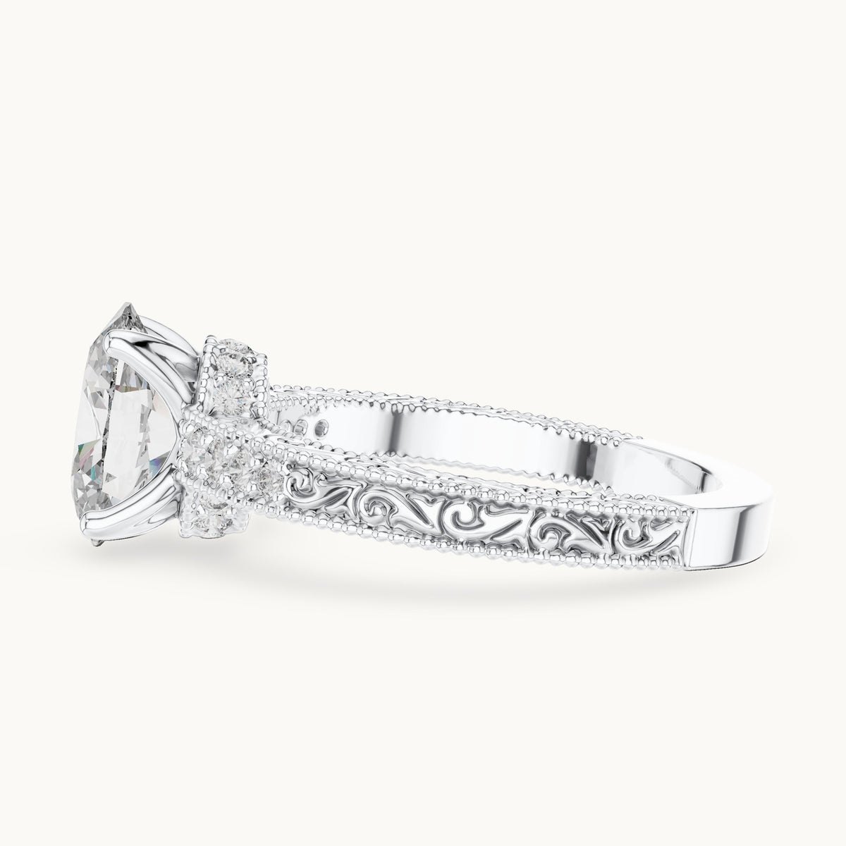 Oval lab-grown diamond vintage engraved pavé engagement ring in white gold, 2.21 CT TW, view 3