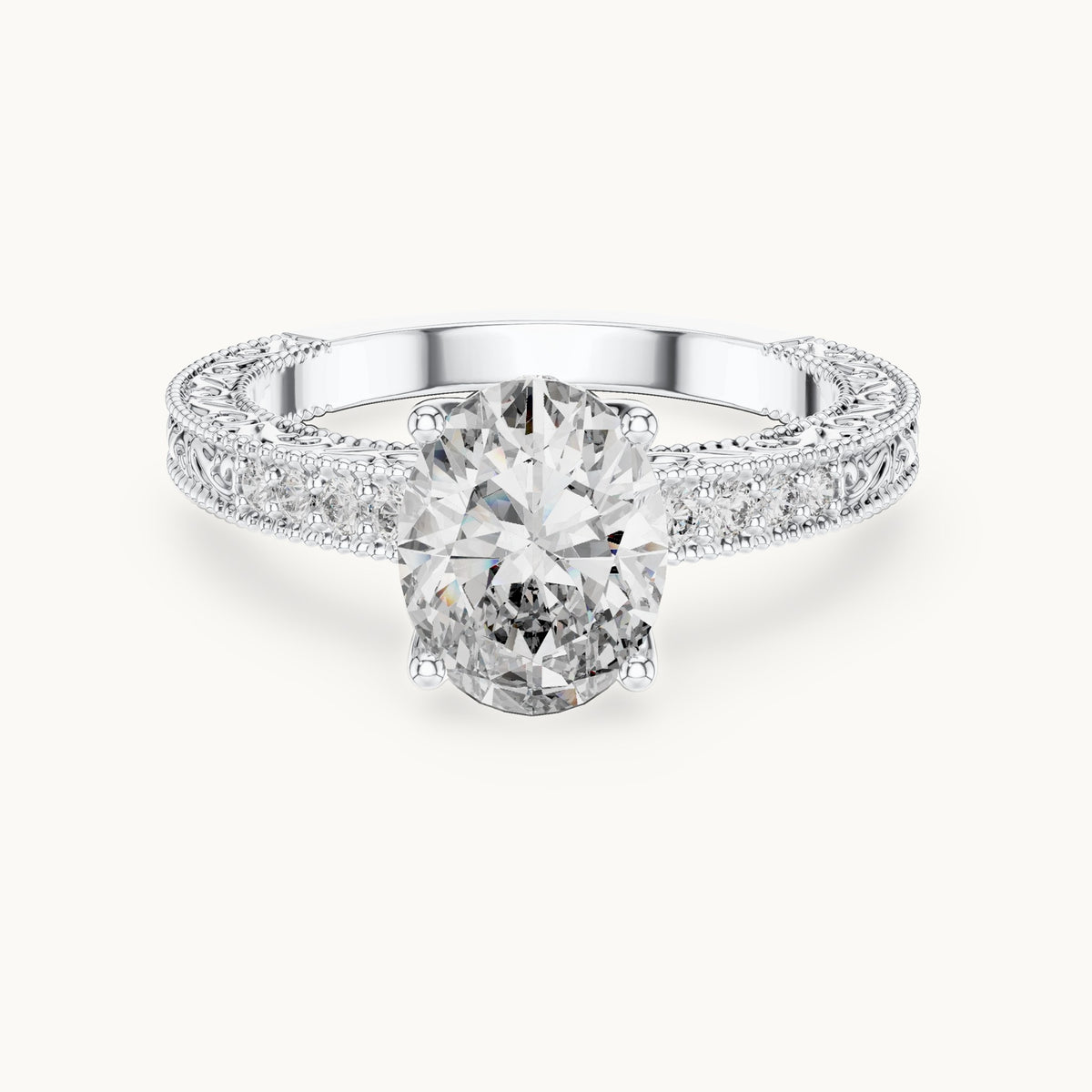 Oval lab-grown diamond vintage engraved pavé engagement ring in white gold, 2.21 CT TW, view 4