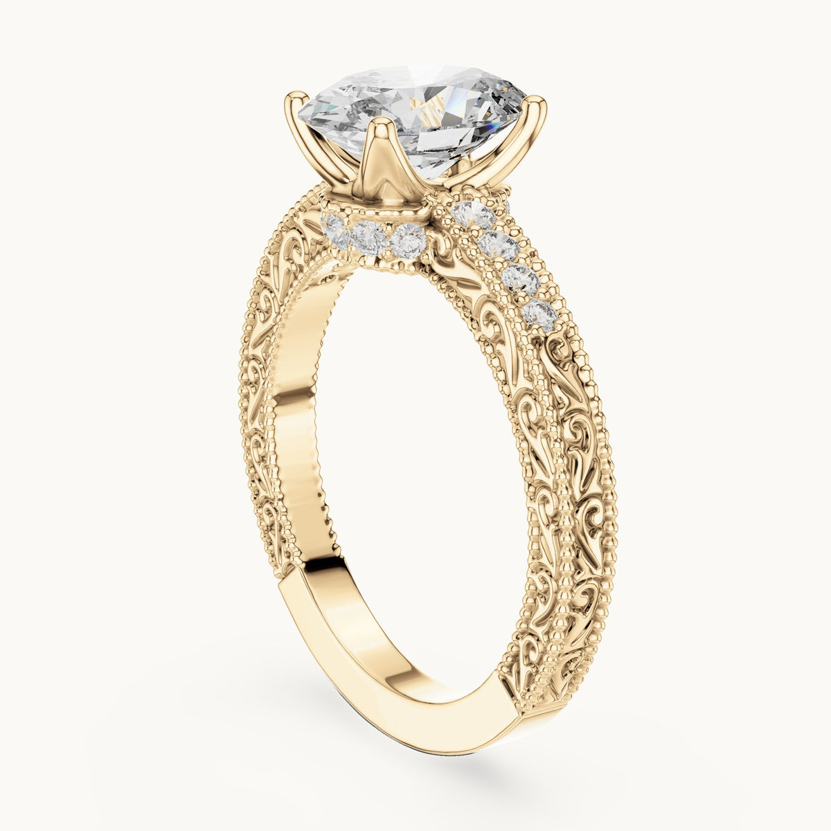 Oval lab-grown diamond vintage engraved pavé engagement ring in yellow gold, 2.21 CT TW, view 1