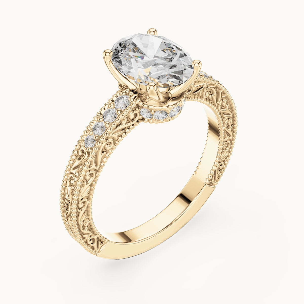 Oval lab-grown diamond vintage engraved pavé engagement ring in yellow gold, 2.21 CT TW, view 2