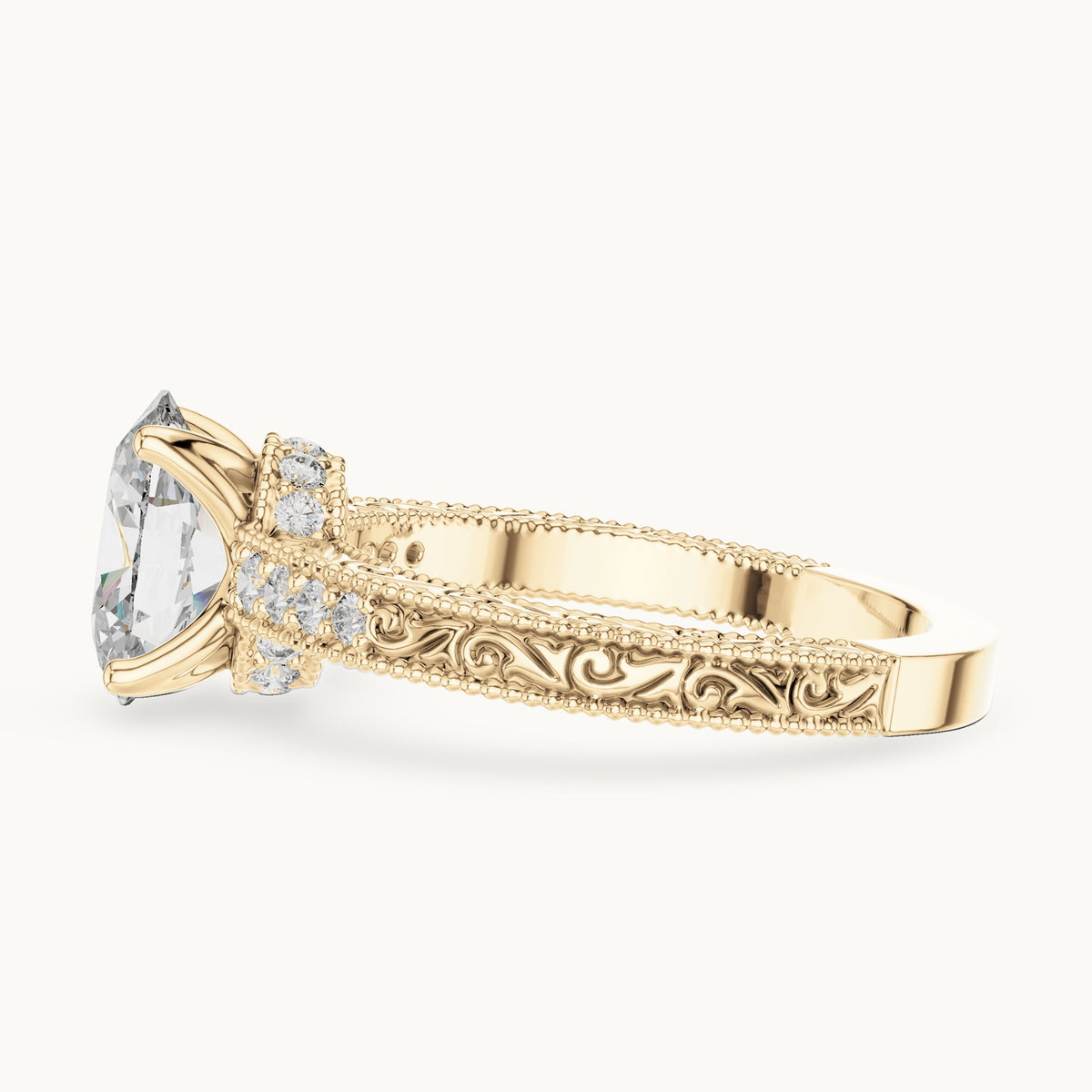 Oval lab-grown diamond vintage engraved pavé engagement ring in yellow gold, 2.21 CT TW, view 3