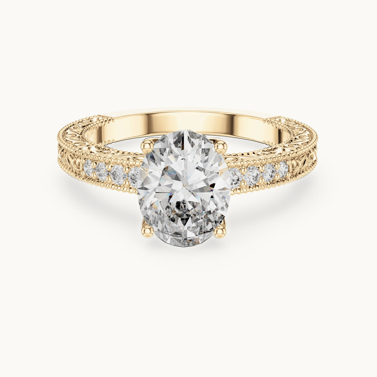 Oval lab-grown diamond vintage engraved pavé engagement ring in yellow gold, 2.21 CT TW, view 4