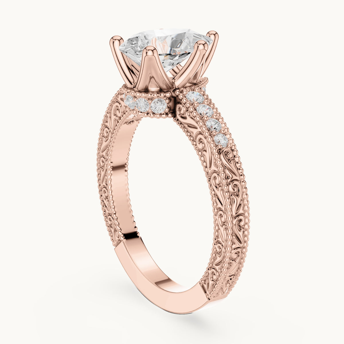 Pear lab-grown diamond vintage engraved pavé engagement ring in rose gold, 2.19 CT TW, view 1