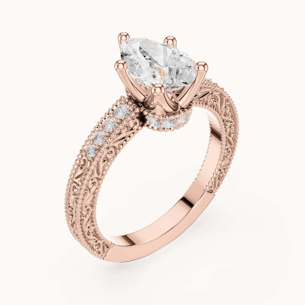 Pear lab-grown diamond vintage engraved pavé engagement ring in rose gold, 2.19 CT TW, view 2