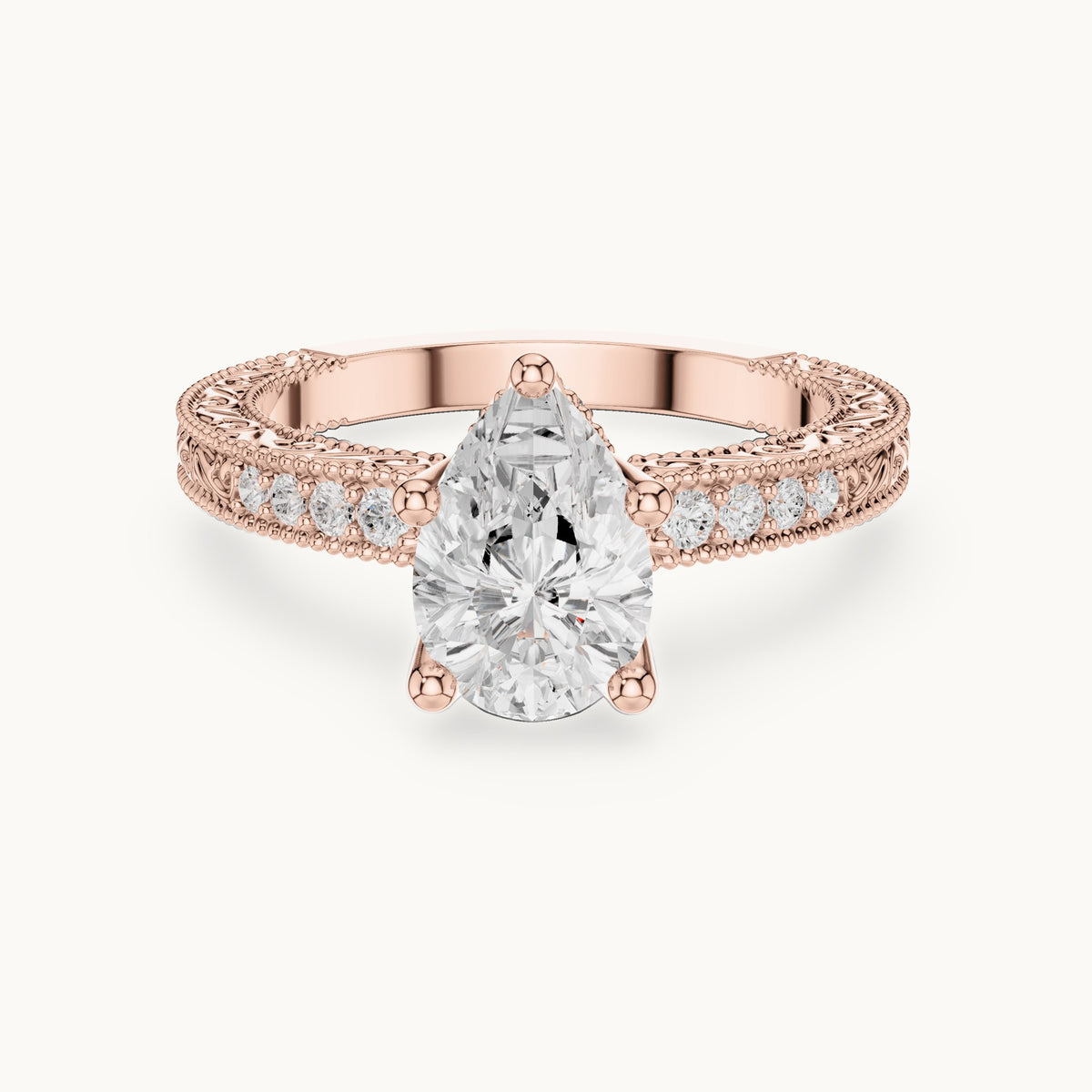 Pear lab-grown diamond vintage engraved pavé engagement ring in rose gold, 2.19 CT TW, view 4