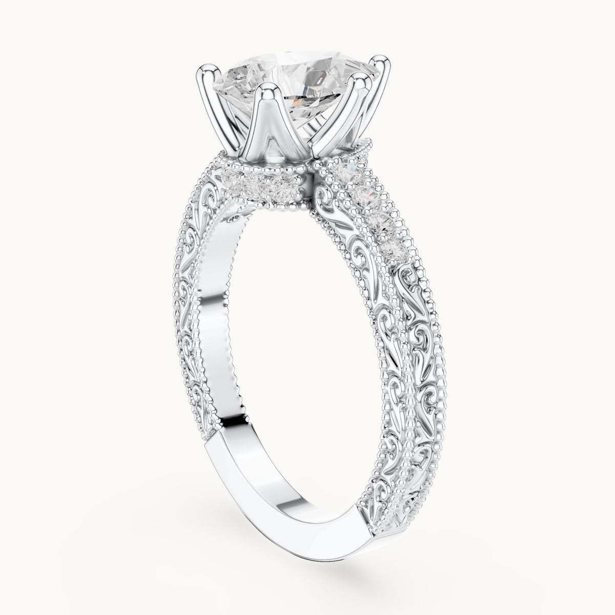 Pear lab-grown diamond vintage engraved pavé engagement ring in white gold, 2.19 CT TW, view 1