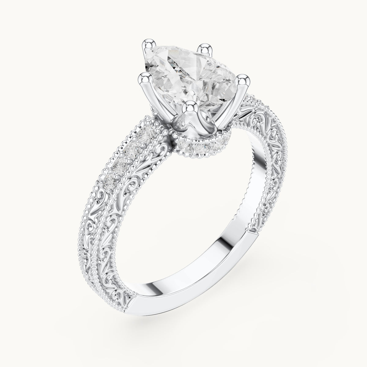 Pear lab-grown diamond vintage engraved pavé engagement ring in white gold, 2.19 CT TW, view 2