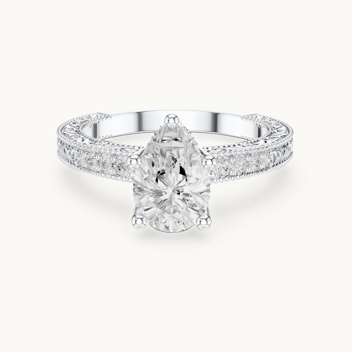 Pear lab-grown diamond vintage engraved pavé engagement ring in white gold, 2.19 CT TW, view 4