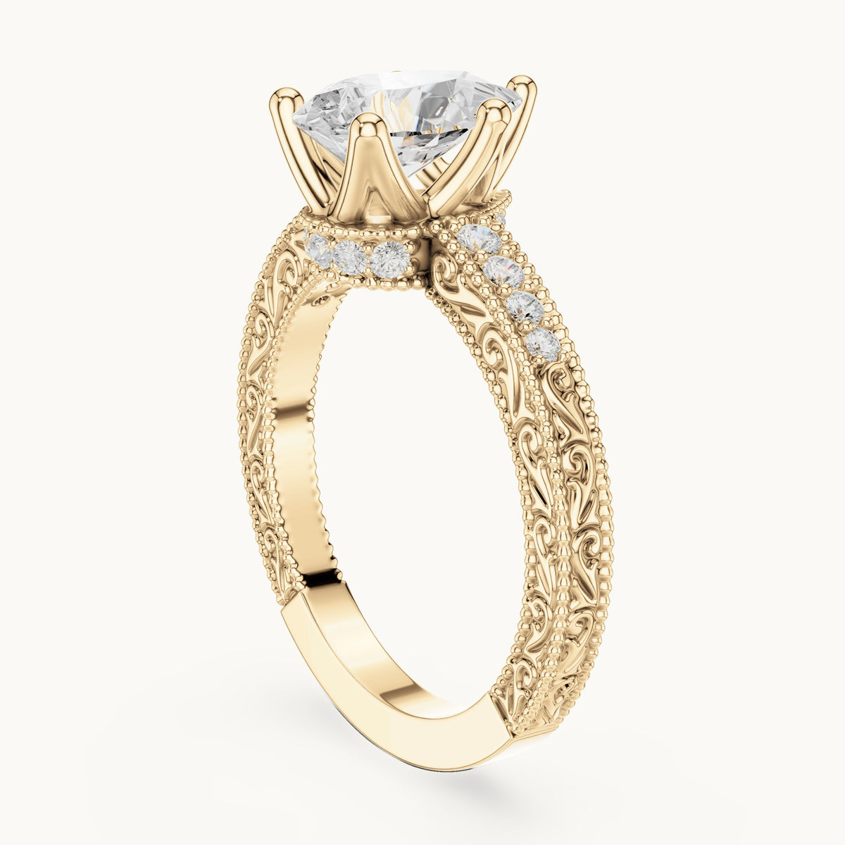 Pear lab-grown diamond vintage engraved pavé engagement ring in yellow gold, 2.19 CT TW, view 1