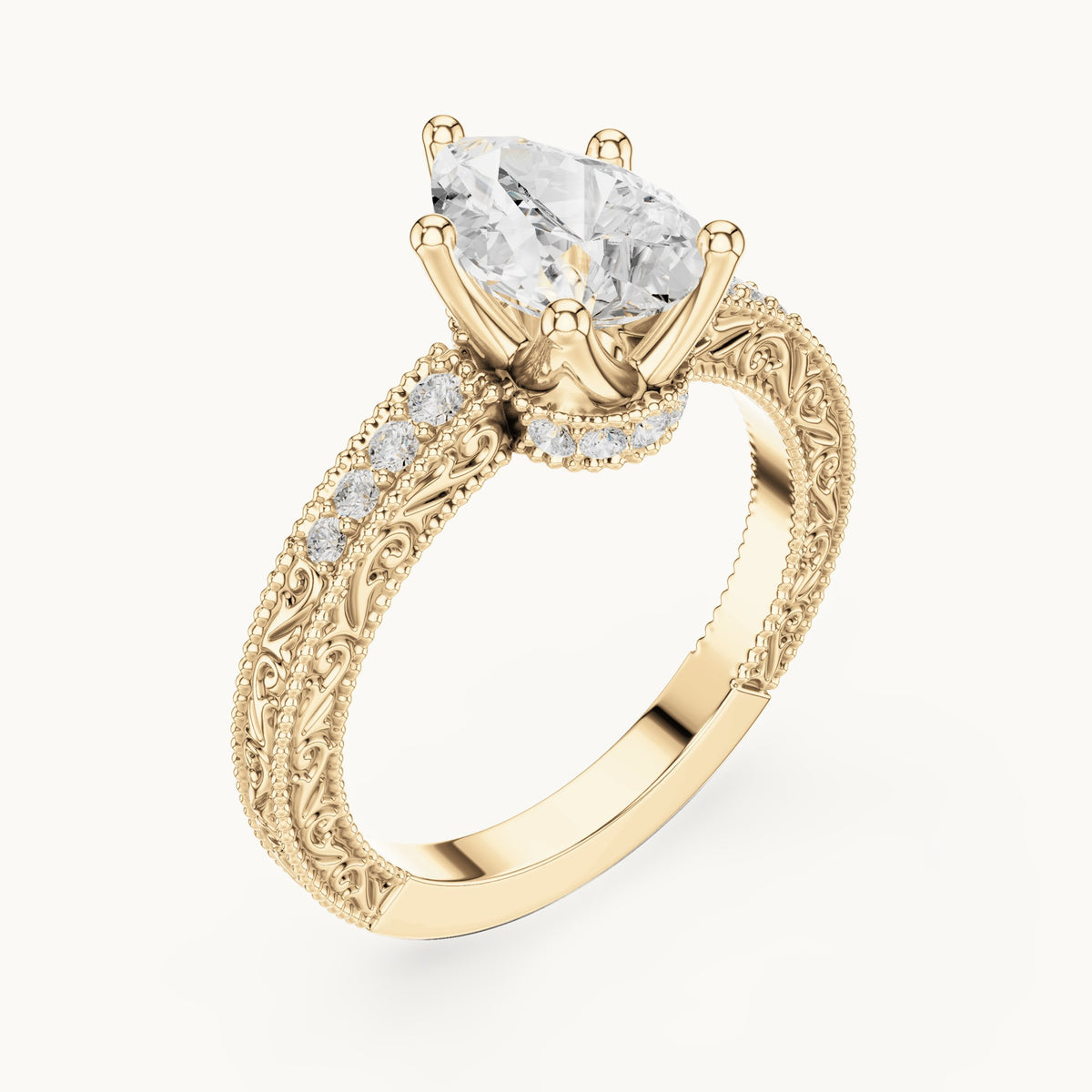 Pear lab-grown diamond vintage engraved pavé engagement ring in yellow gold, 2.19 CT TW, view 2