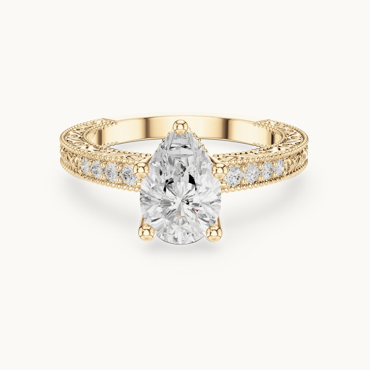 Pear lab-grown diamond vintage engraved pavé engagement ring in yellow gold, 2.19 CT TW, view 4