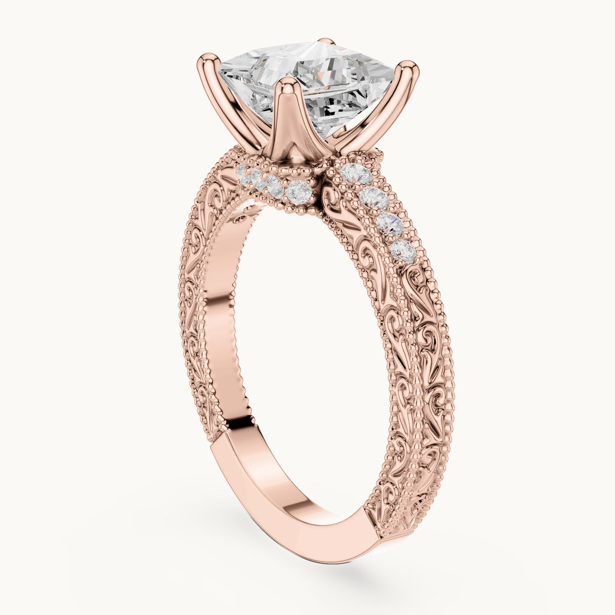 Princess-cut lab-grown diamond vintage engraved pavé engagement ring in rose gold, 2.19 CT TW, view 1
