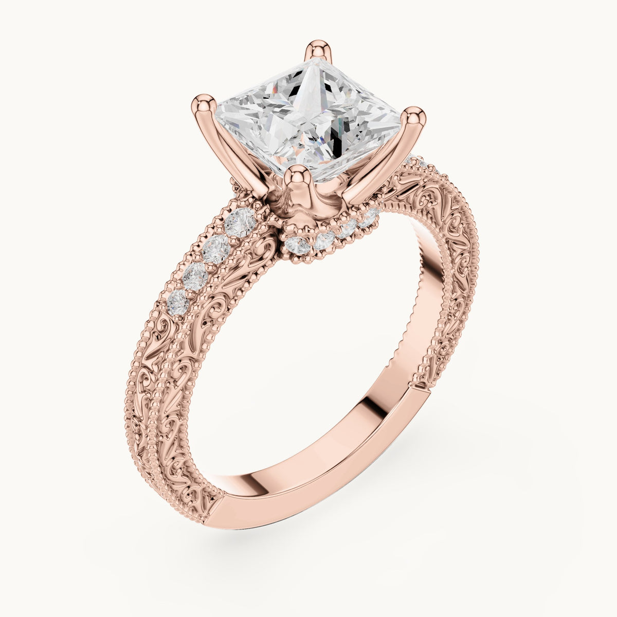 Princess-cut lab-grown diamond vintage engraved pavé engagement ring in rose gold, 2.19 CT TW, view 2