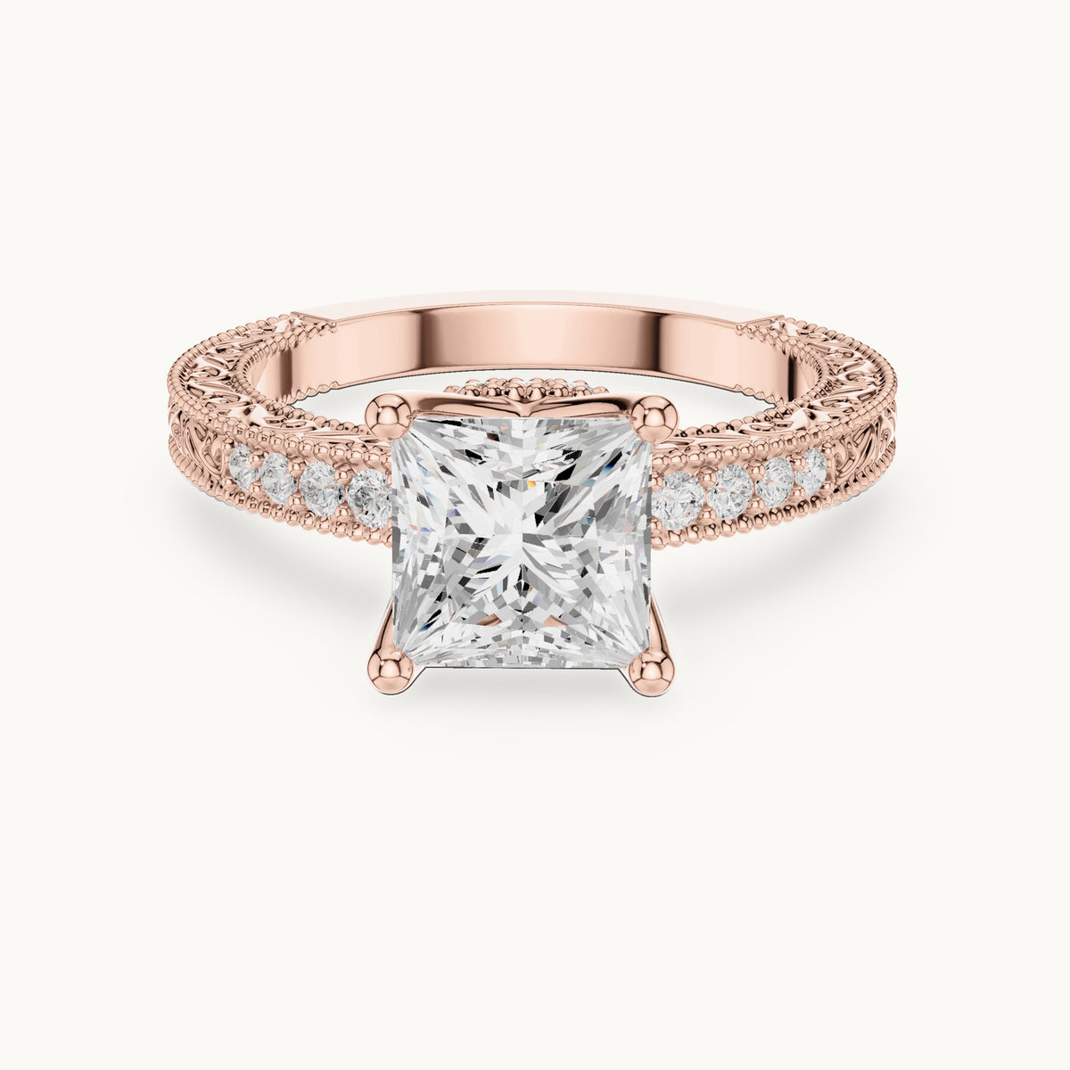 Princess-cut lab-grown diamond vintage engraved pavé engagement ring in rose gold, 2.19 CT TW, view 4