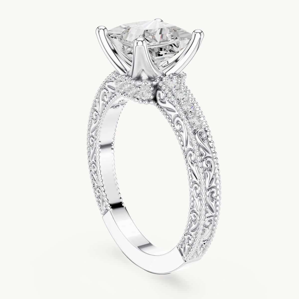 Princess-cut lab-grown diamond vintage engraved pavé engagement ring in white gold, 2.19 CT TW, view 1