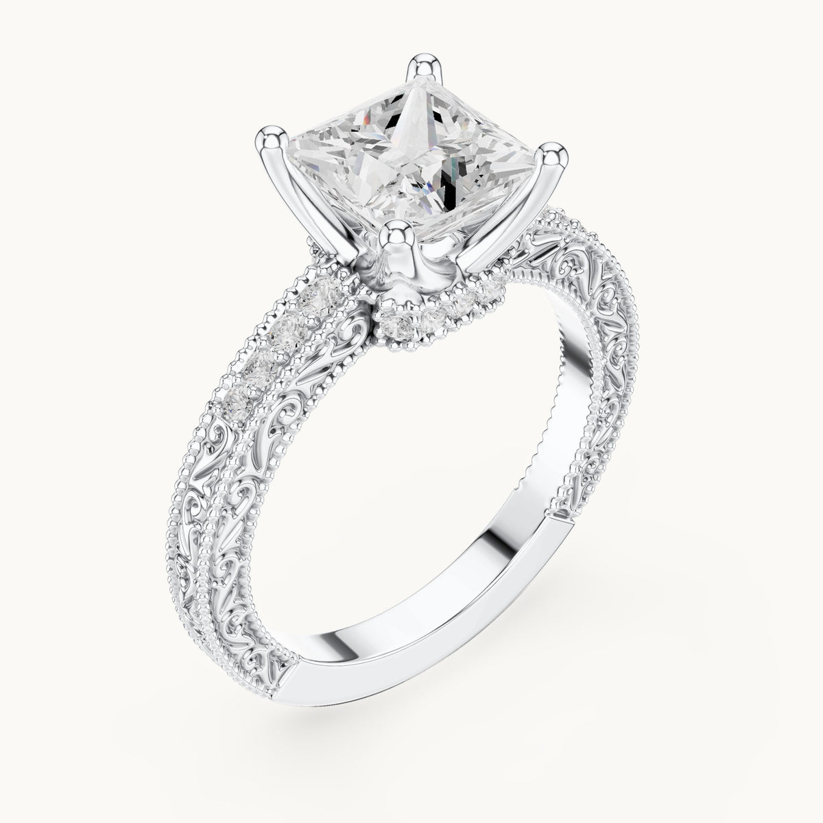Princess-cut lab-grown diamond vintage engraved pavé engagement ring in white gold, 2.19 CT TW, view 2