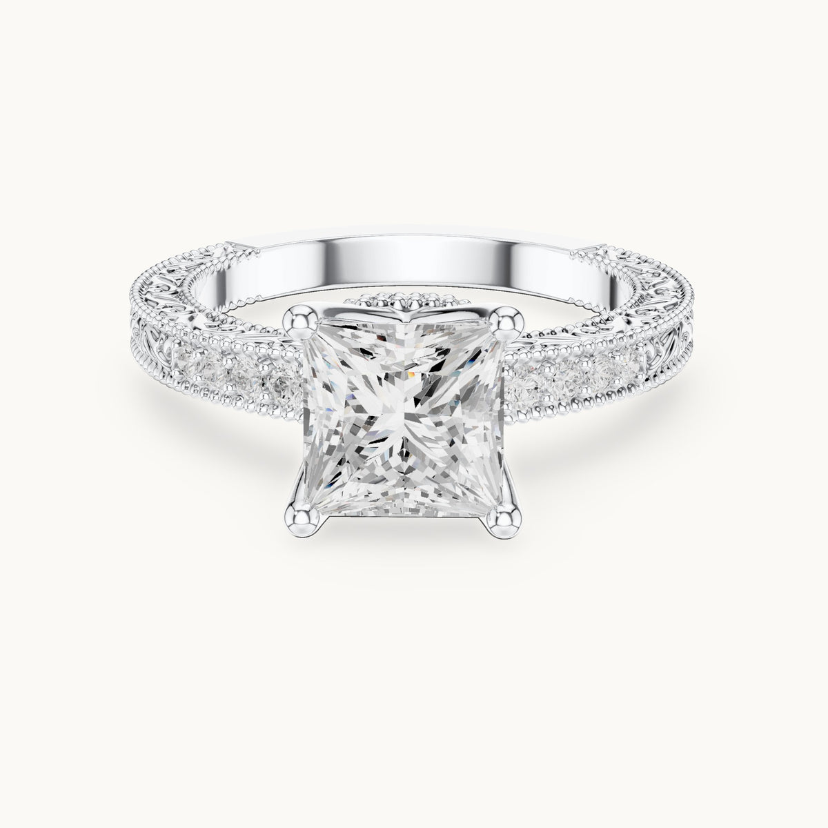 Princess-cut lab-grown diamond vintage engraved pavé engagement ring in white gold, 2.19 CT TW, view 4