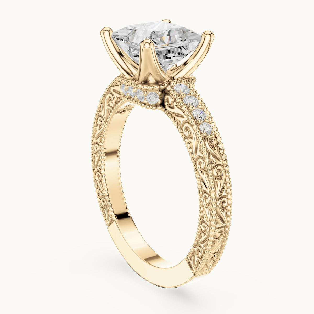 Princess-cut lab-grown diamond vintage engraved pavé engagement ring in yellow gold, 2.19 CT TW, view 1