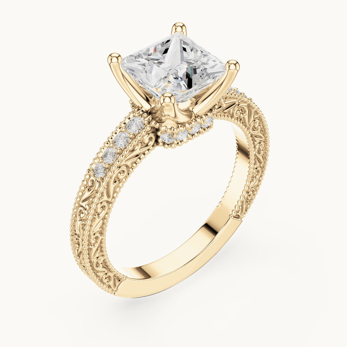 Princess-cut lab-grown diamond vintage engraved pavé engagement ring in yellow gold, 2.19 CT TW, view 2