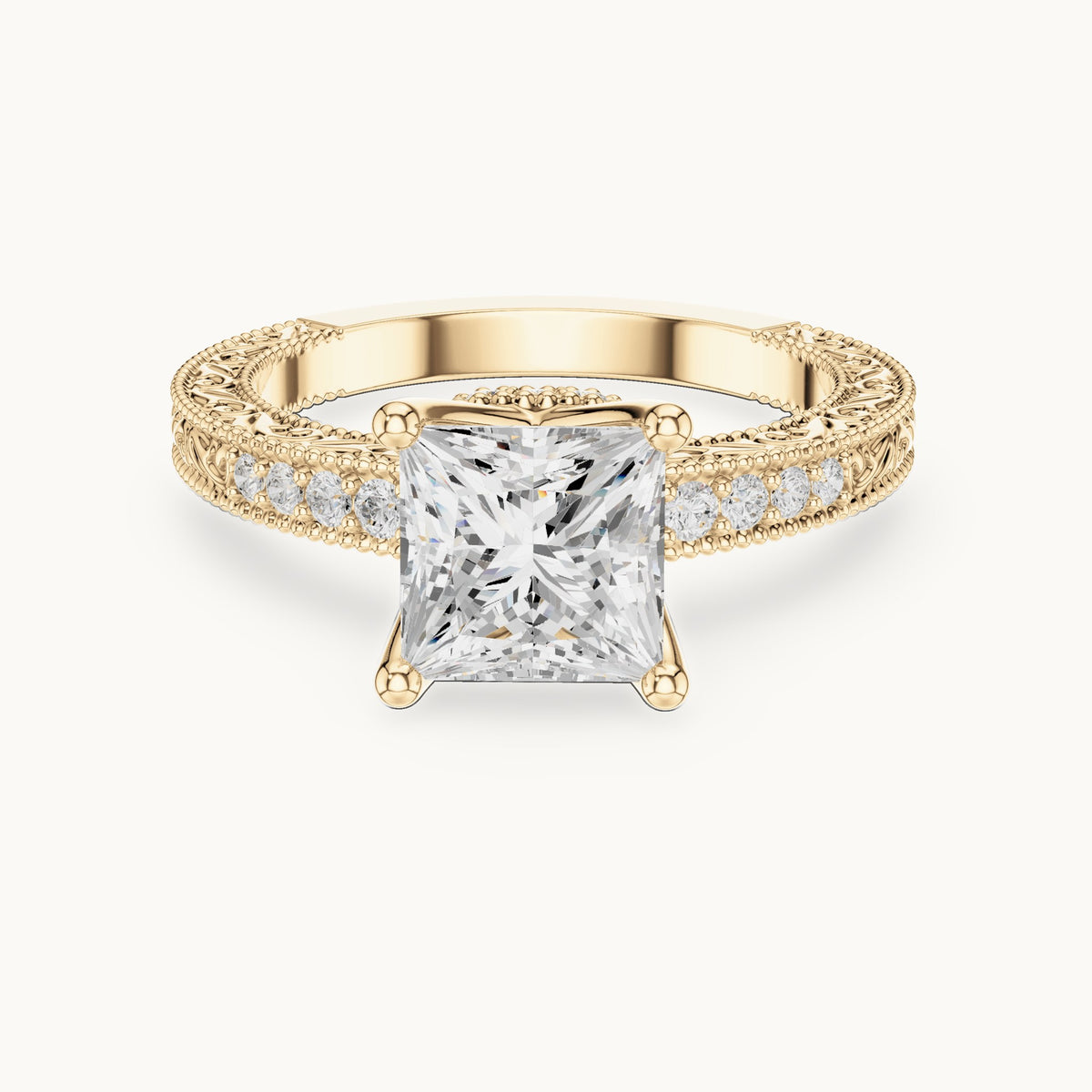 Princess-cut lab-grown diamond vintage engraved pavé engagement ring in yellow gold, 2.19 CT TW, view 4