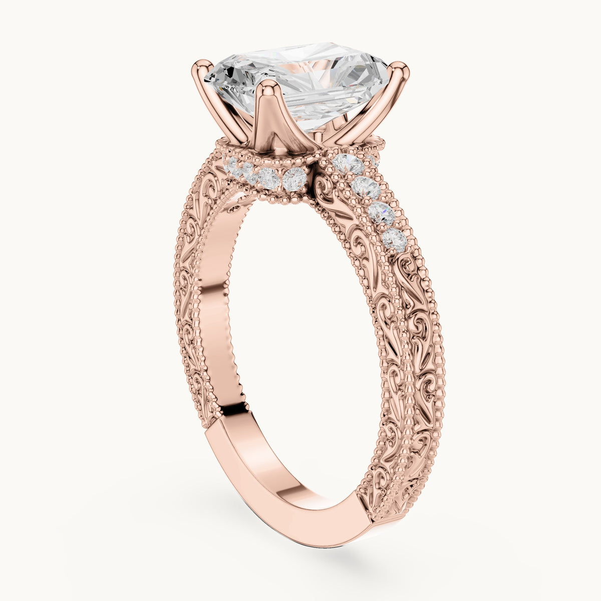 Radiant-cut lab-grown diamond vintage engraved pavé engagement ring in rose gold, 2.21 CT TW, view 1