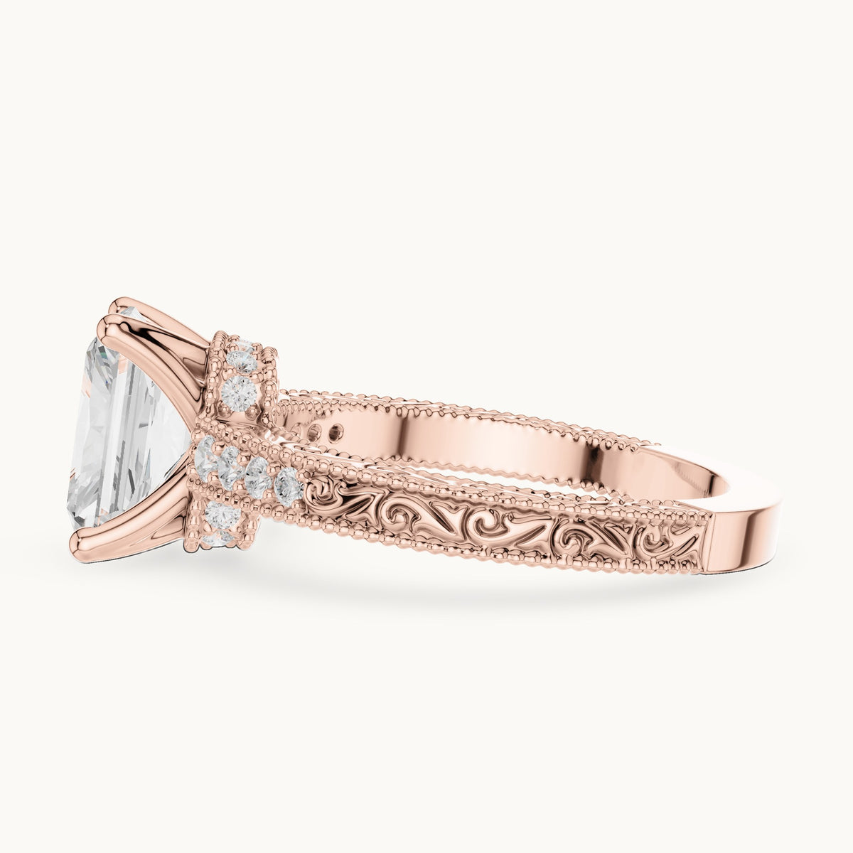 Radiant-cut lab-grown diamond vintage engraved pavé engagement ring in rose gold, 2.21 CT TW, view 3