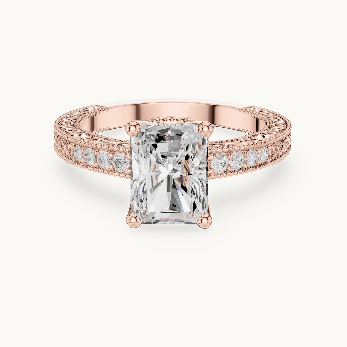 Radiant-cut lab-grown diamond vintage engraved pavé engagement ring in rose gold, 2.21 CT TW, view 4