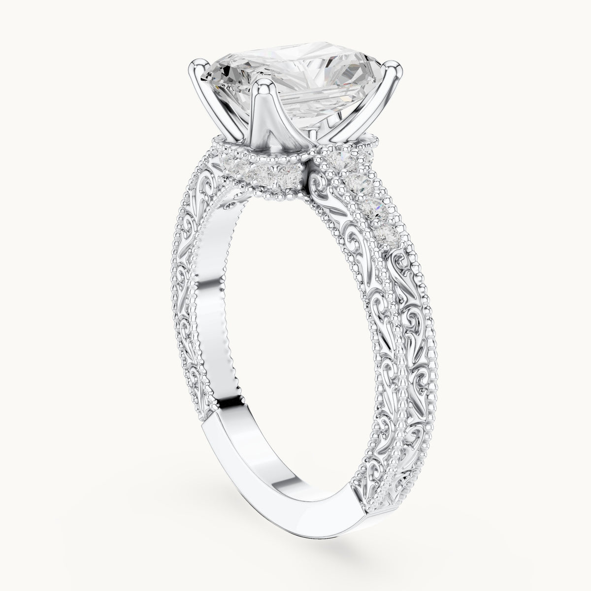 Radiant-cut lab-grown diamond vintage engraved pavé engagement ring in white gold, 2.21 CT TW, view 1