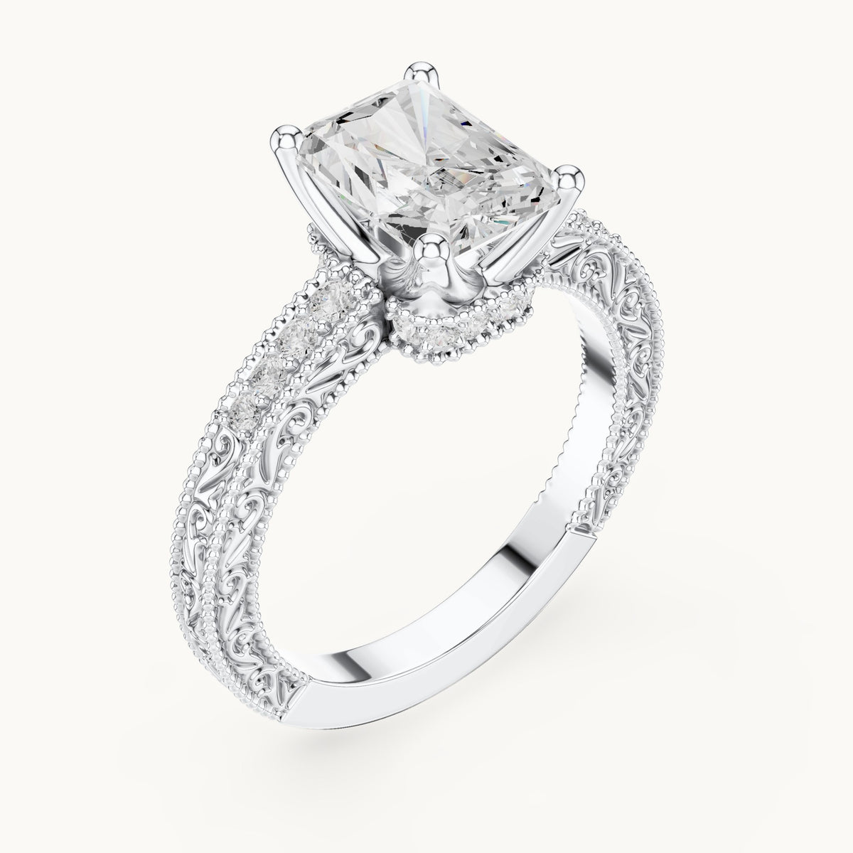 Radiant-cut lab-grown diamond vintage engraved pavé engagement ring in white gold, 2.21 CT TW, view 2