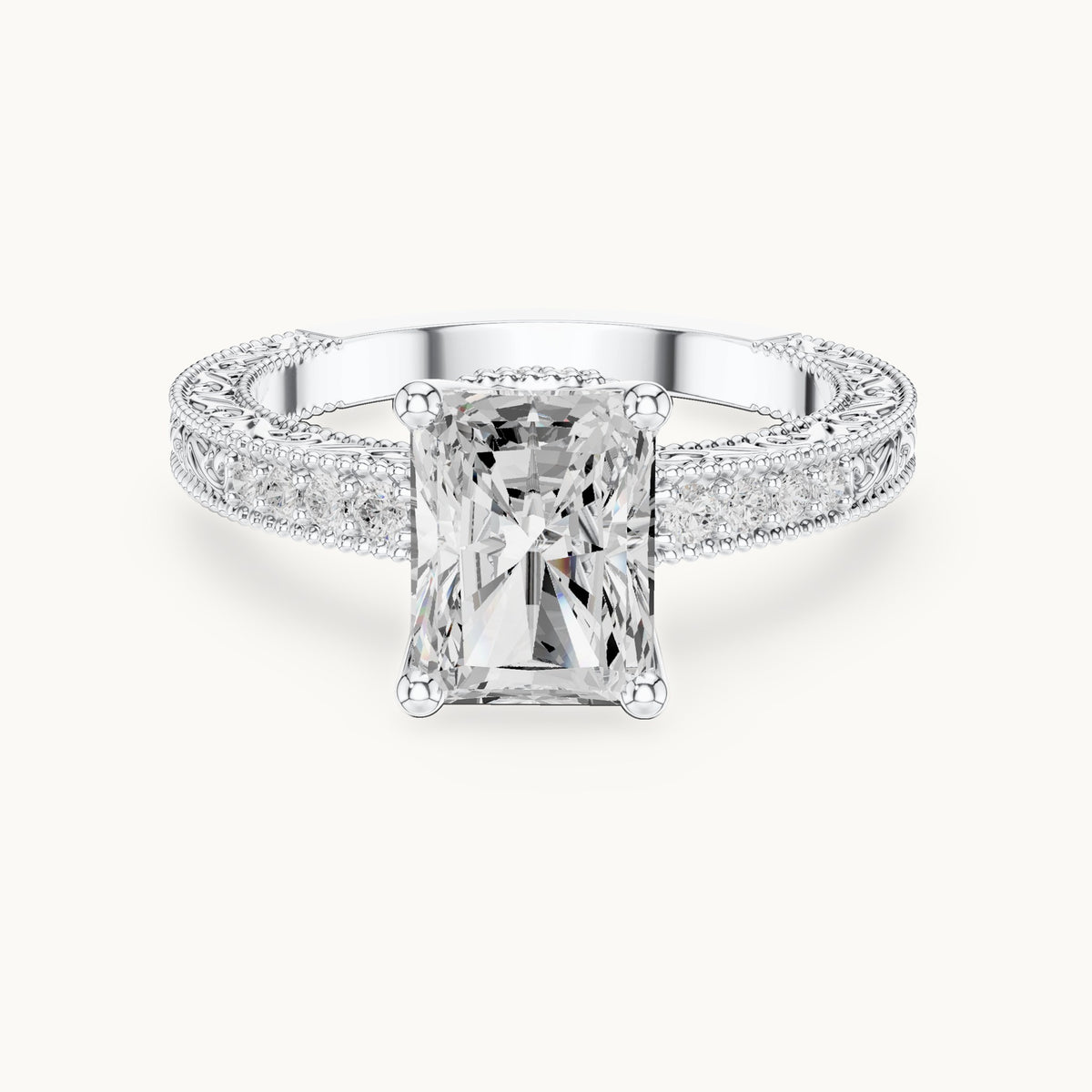 Radiant-cut lab-grown diamond vintage engraved pavé engagement ring in white gold, 2.21 CT TW, view 4
