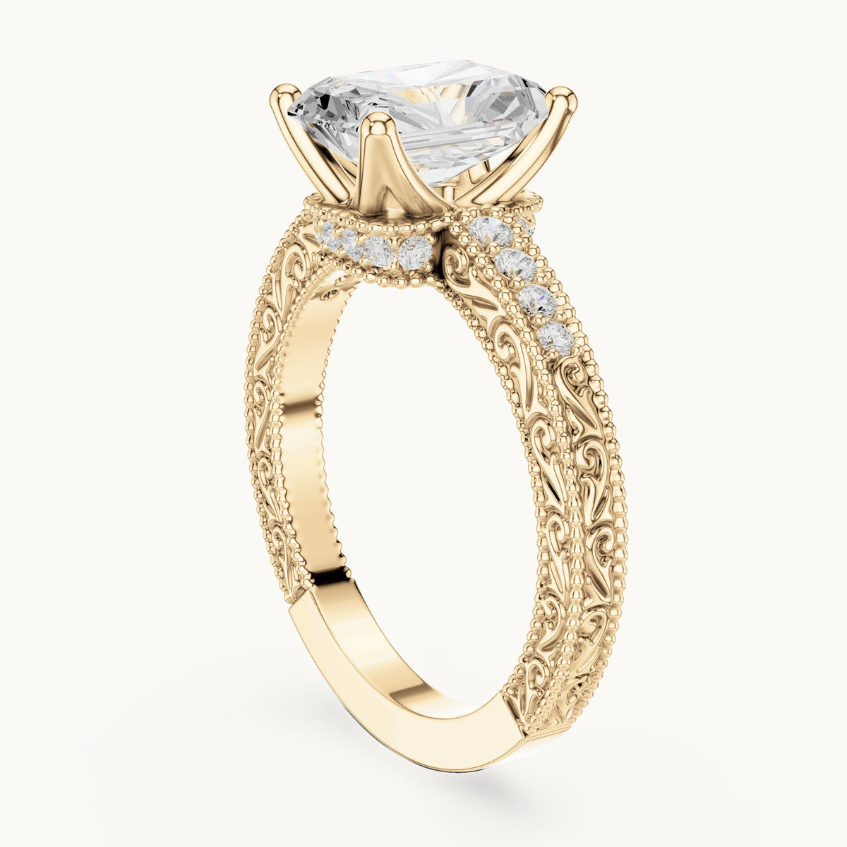 Radiant-cut lab-grown diamond vintage engraved pavé engagement ring in yellow gold, 2.21 CT TW, view 1